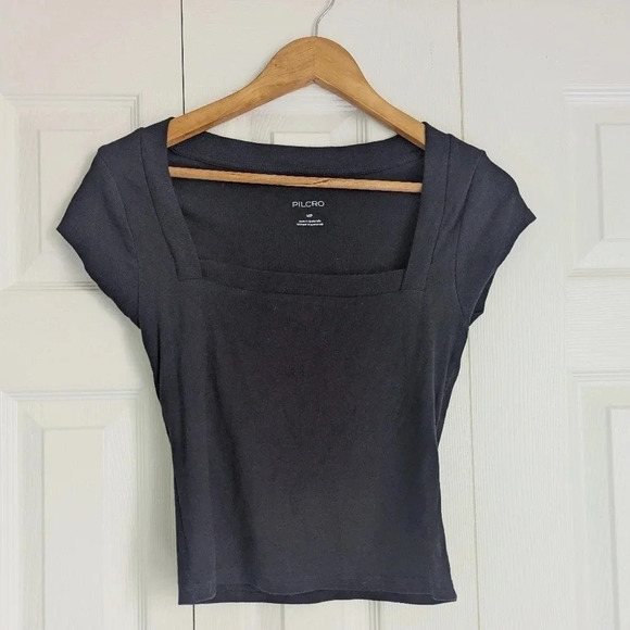 NWOT Pilcro Anthropologie Square Neck Black Cotton Cap Sleeve Top Shirt M Petite - Picture 4 of 4